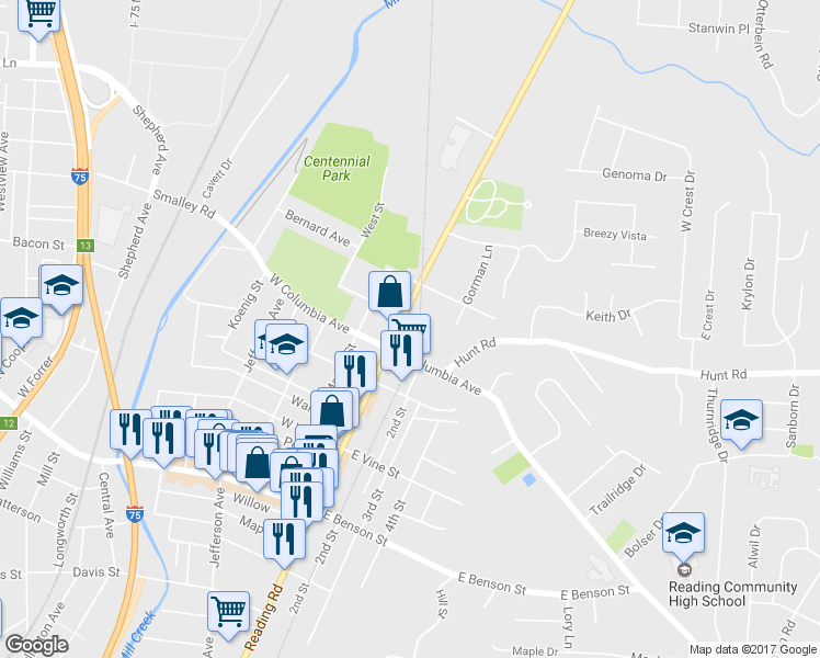 map of restaurants, bars, coffee shops, grocery stores, and more near 9230 Reading Road in Cincinnati