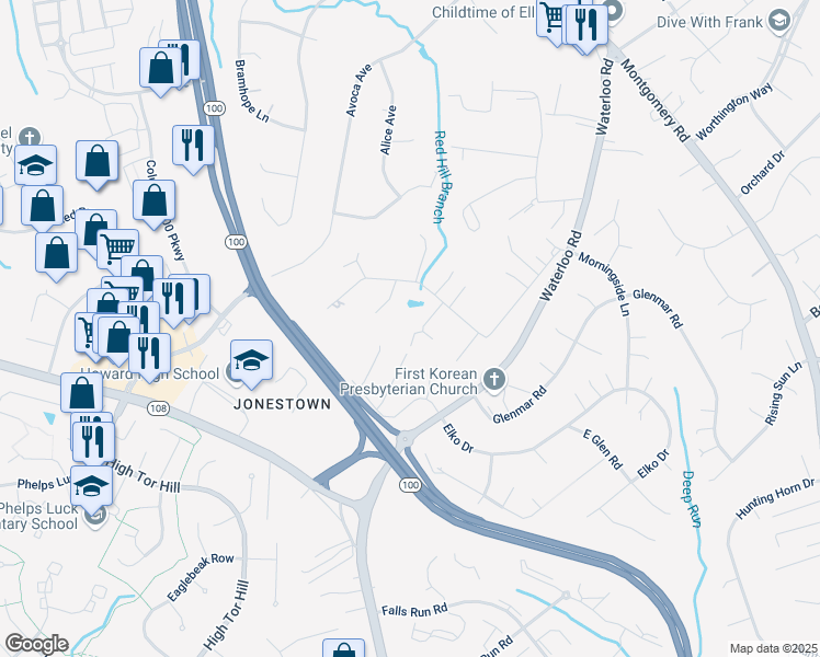 map of restaurants, bars, coffee shops, grocery stores, and more near 5222 Tiyana Court in Ellicott City