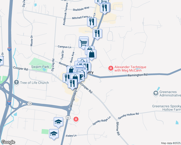 map of restaurants, bars, coffee shops, grocery stores, and more near 9500 Main Street in Montgomery