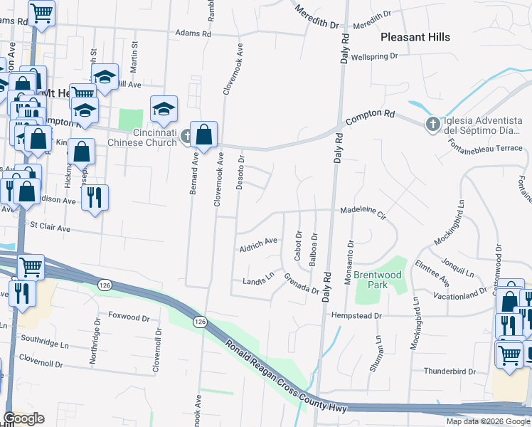 map of restaurants, bars, coffee shops, grocery stores, and more near 1288 Madeleine Circle in Cincinnati
