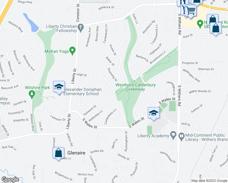 map of restaurants, bars, coffee shops, grocery stores, and more near 1400 Canterbury Lane in Liberty