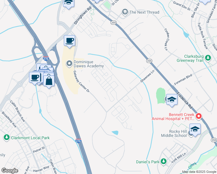 map of restaurants, bars, coffee shops, grocery stores, and more near 196 Green Poplar Loop in Clarksburg