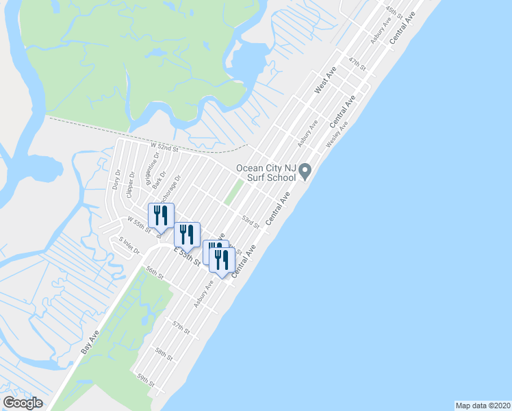 map of restaurants, bars, coffee shops, grocery stores, and more near 5228 Asbury Avenue in Ocean City