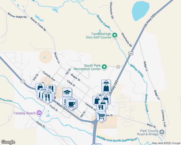 map of restaurants, bars, coffee shops, grocery stores, and more near 799 Crawford Ln in Fairplay