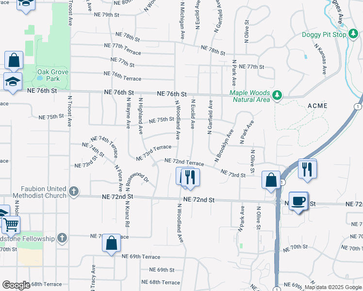 map of restaurants, bars, coffee shops, grocery stores, and more near 7301 N Woodland Ave in Kansas City