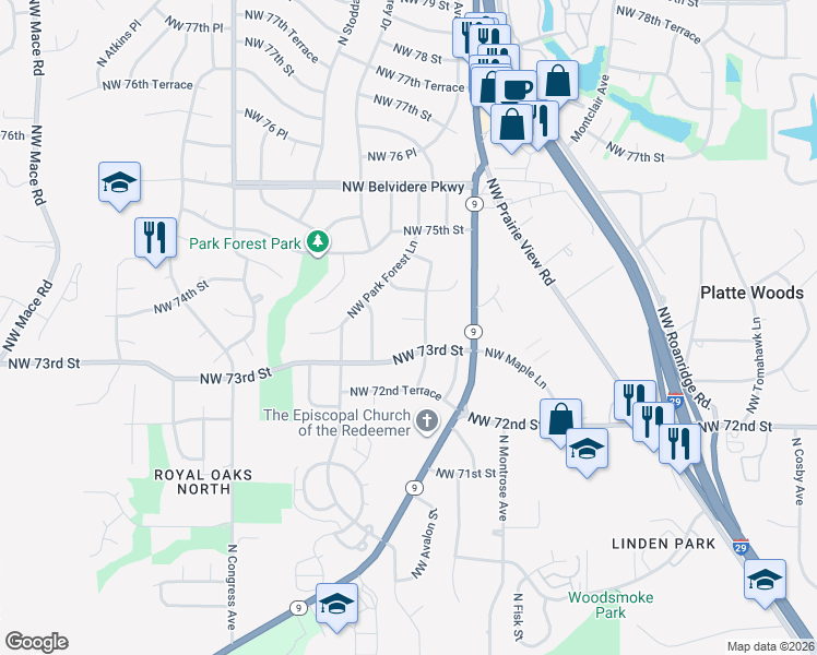 map of restaurants, bars, coffee shops, grocery stores, and more near 7011 Northwest 73rd Street in Kansas City