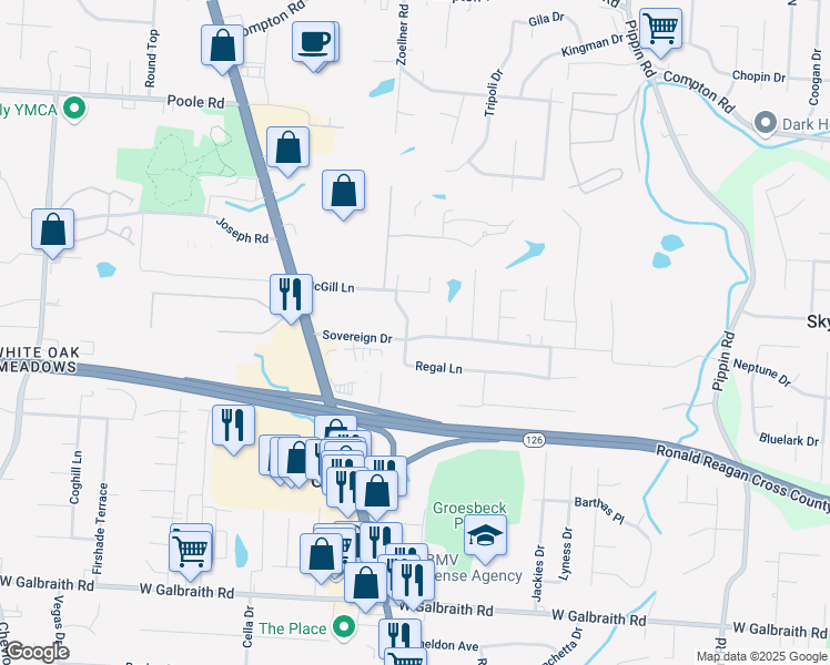 map of restaurants, bars, coffee shops, grocery stores, and more near 3204 Regal Lane in Cincinnati