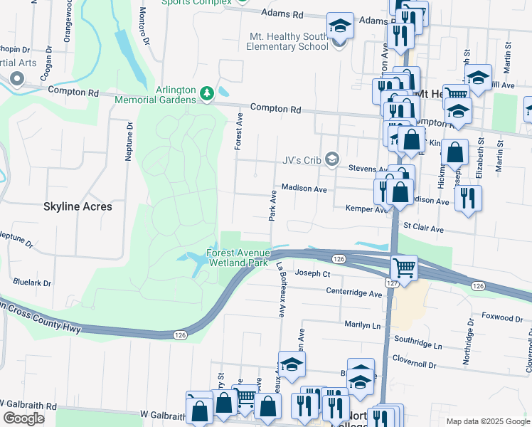 map of restaurants, bars, coffee shops, grocery stores, and more near 1954 North Lynndale Avenue in Cincinnati