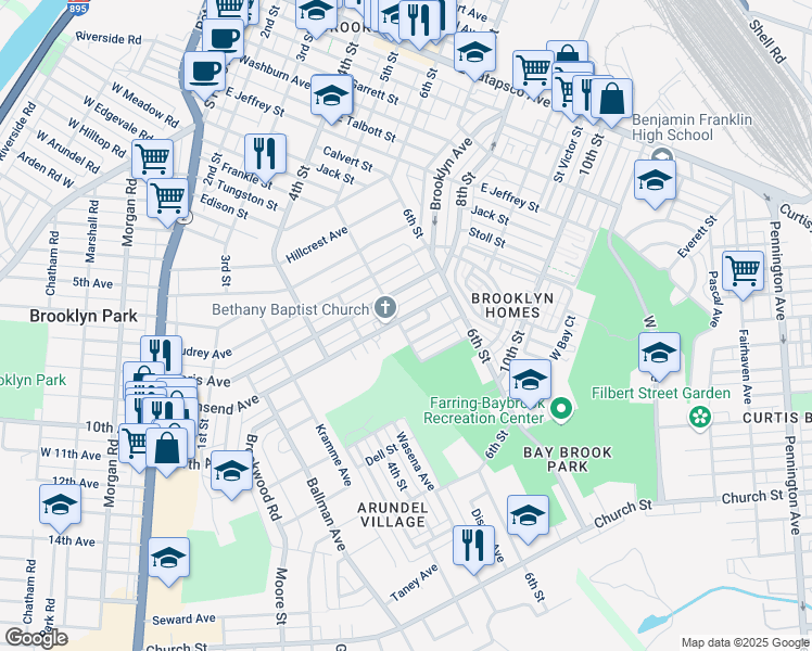 map of restaurants, bars, coffee shops, grocery stores, and more near 4139 Townsend Ave in Baltimore