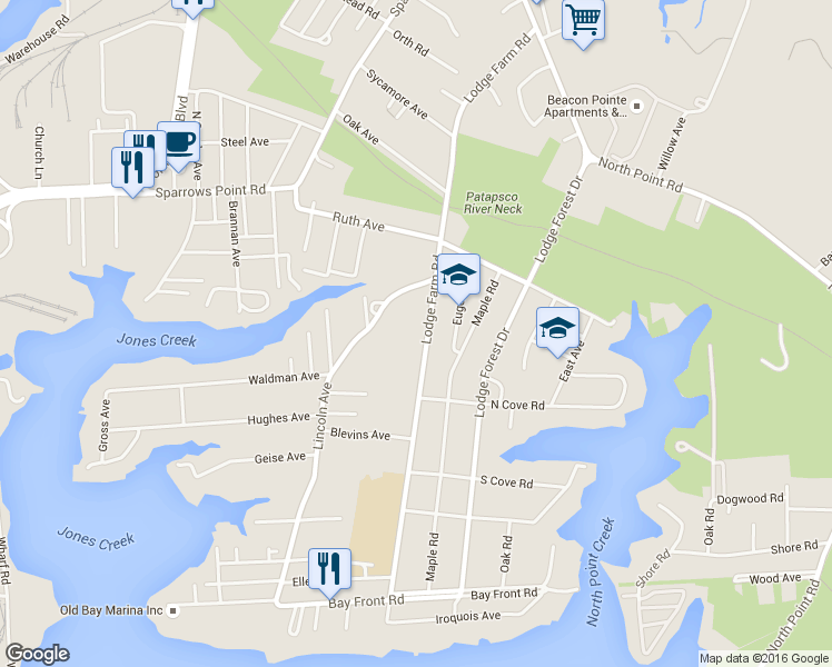 map of restaurants, bars, coffee shops, grocery stores, and more near 2426 Lodge Farm Road in Sparrows Point