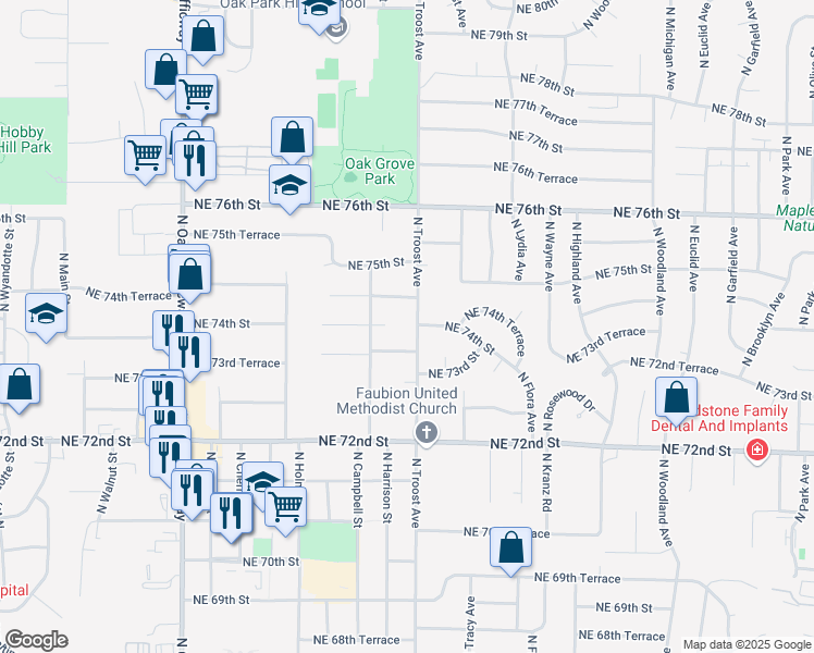 map of restaurants, bars, coffee shops, grocery stores, and more near 7320 North Troost Avenue in Kansas City
