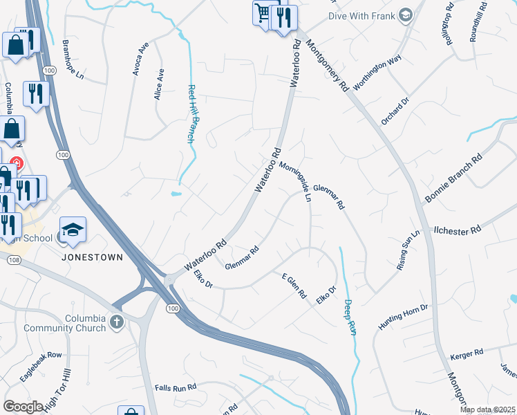 map of restaurants, bars, coffee shops, grocery stores, and more near 8315 Saddle Ridge Terrace in Ellicott City