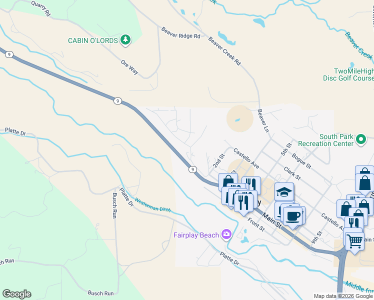 map of restaurants, bars, coffee shops, grocery stores, and more near 100 Platte View Drive in Fairplay