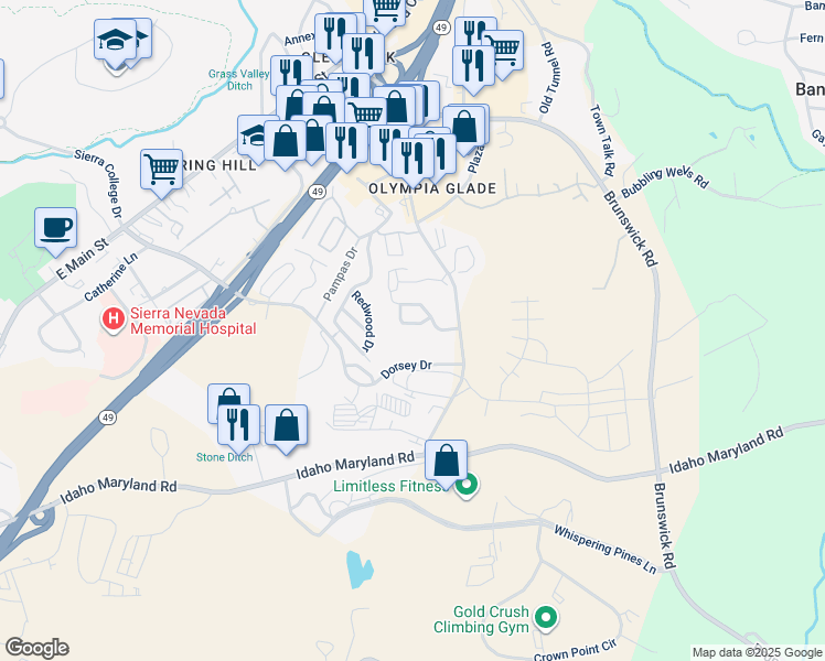 map of restaurants, bars, coffee shops, grocery stores, and more near 210 Sutton Way in Grass Valley