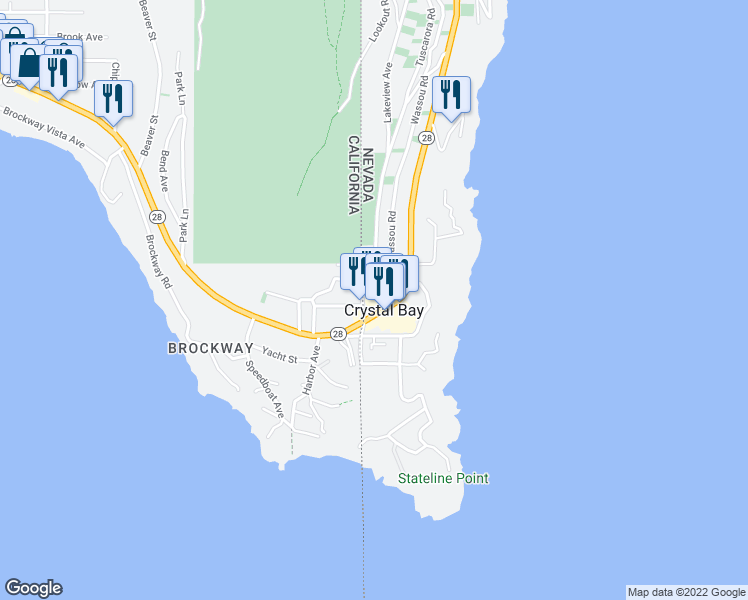 map of restaurants, bars, coffee shops, grocery stores, and more near 5 Nevada 28 in Crystal Bay