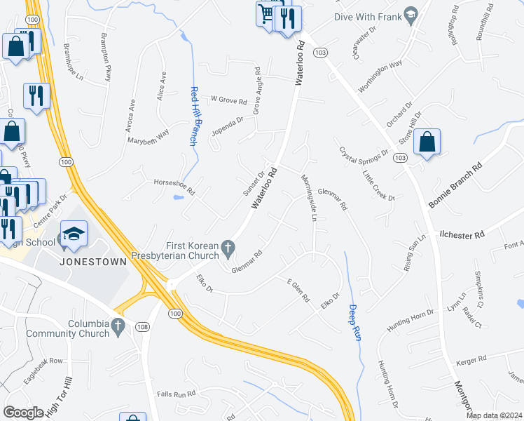 map of restaurants, bars, coffee shops, grocery stores, and more near 8315 Saddle Ridge Terrace in Ellicott City