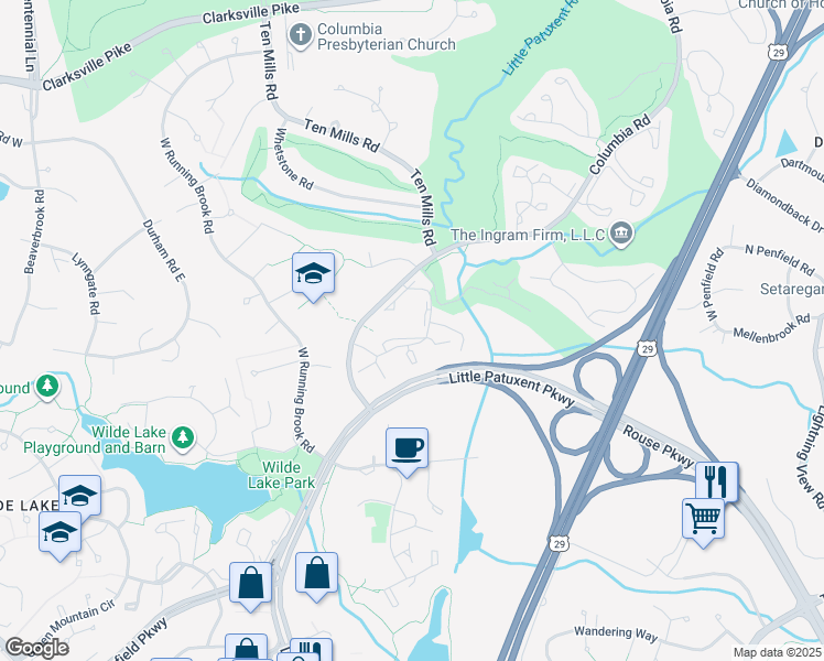 map of restaurants, bars, coffee shops, grocery stores, and more near 5326 Brook Way in Columbia