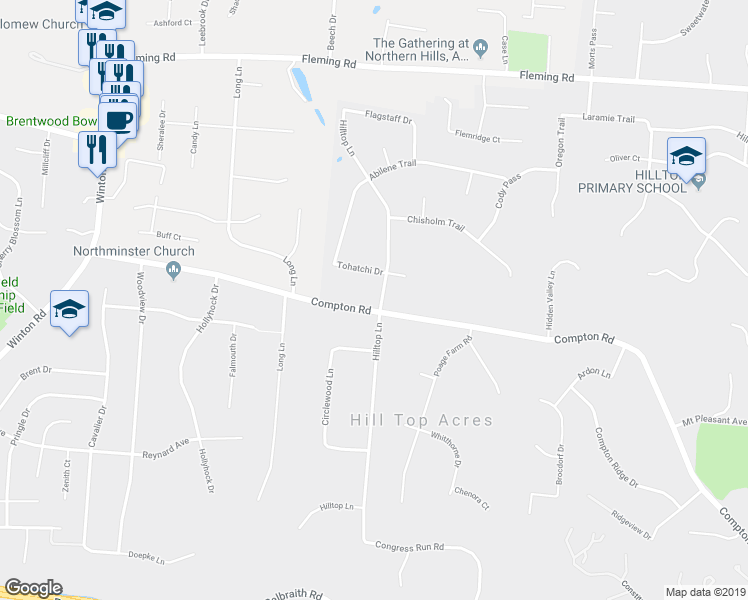 map of restaurants, bars, coffee shops, grocery stores, and more near 534 Compton Road in Cincinnati