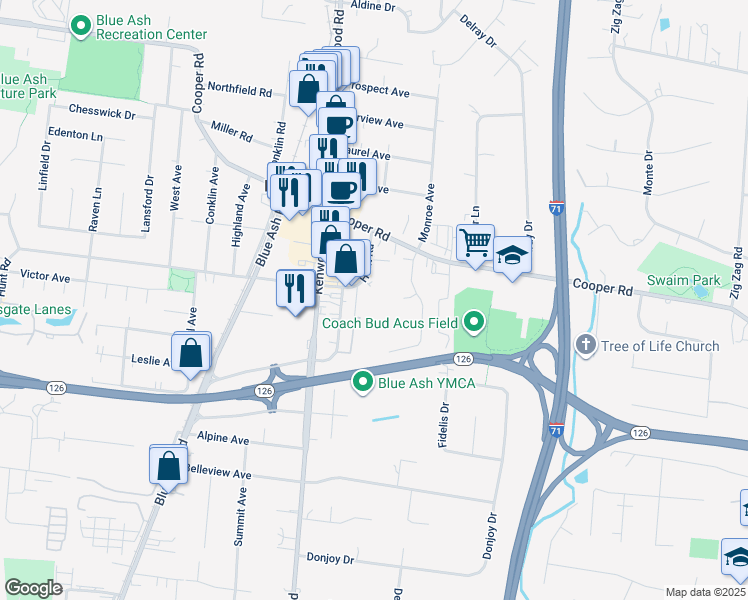 map of restaurants, bars, coffee shops, grocery stores, and more near 4900 Hunt Road in Blue Ash