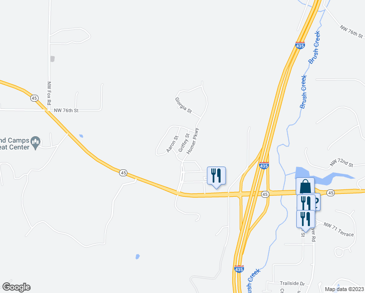 map of restaurants, bars, coffee shops, grocery stores, and more near 7340 Griffey Street in Parkville