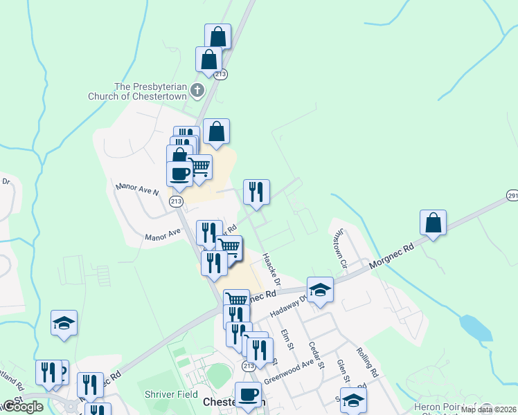 map of restaurants, bars, coffee shops, grocery stores, and more near 101 Oak Leaf Drive in Chestertown