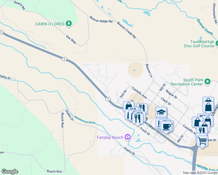 map of restaurants, bars, coffee shops, grocery stores, and more near 105 Platte View Drive in Fairplay