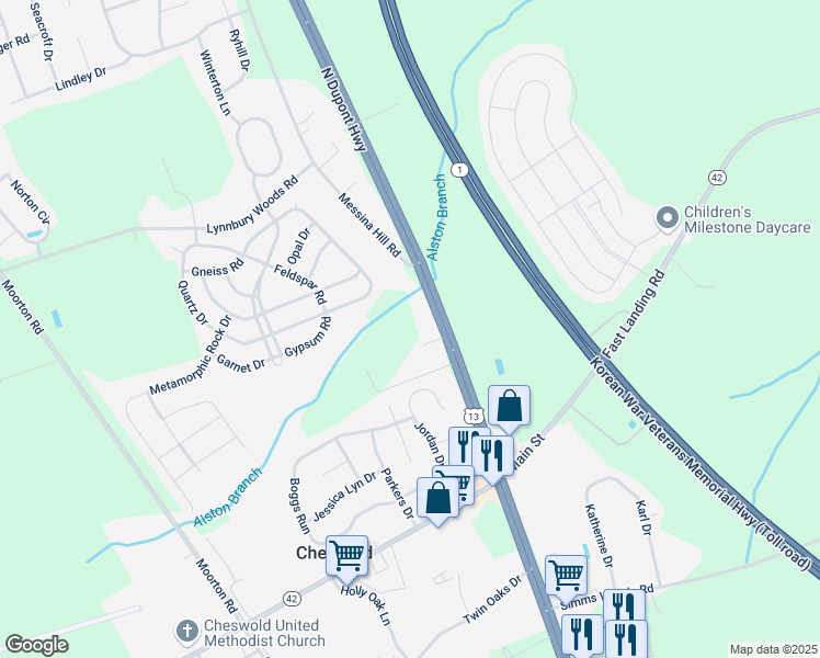map of restaurants, bars, coffee shops, grocery stores, and more near 50 Lamplighter Park Drive in Dover