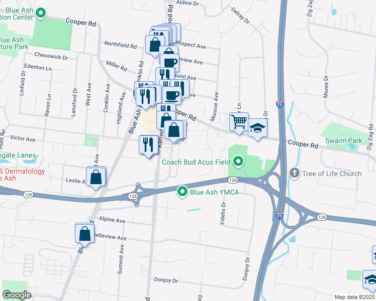 map of restaurants, bars, coffee shops, grocery stores, and more near 4900 Hunt Road in Blue Ash