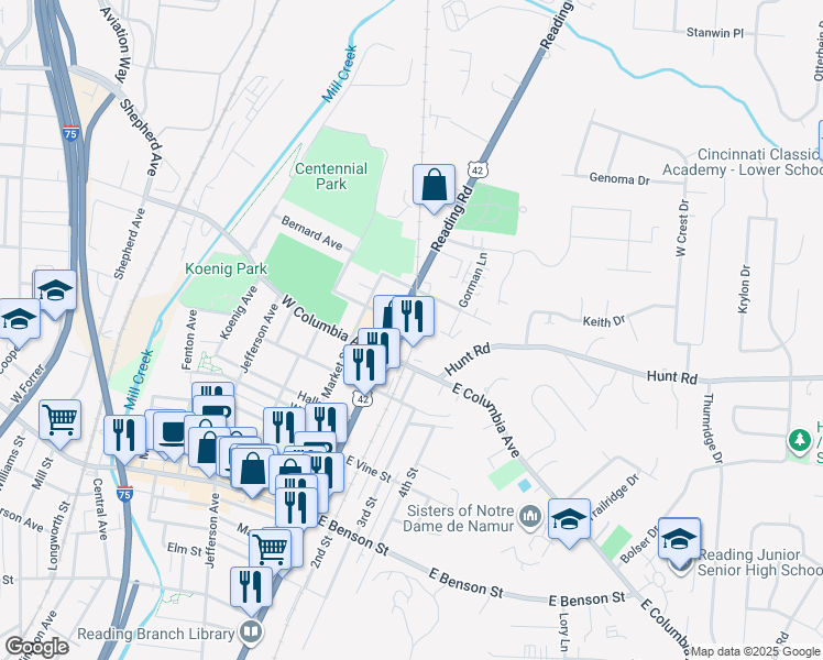 map of restaurants, bars, coffee shops, grocery stores, and more near 7 East Pleasant Street in Reading