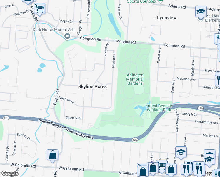 map of restaurants, bars, coffee shops, grocery stores, and more near 8779 Neptune Drive in Cincinnati