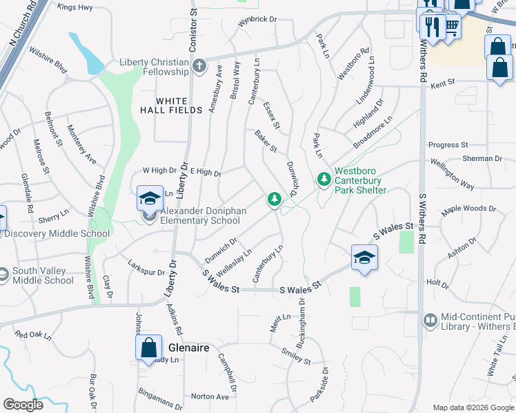 map of restaurants, bars, coffee shops, grocery stores, and more near 1617 Tudor Lane in Liberty