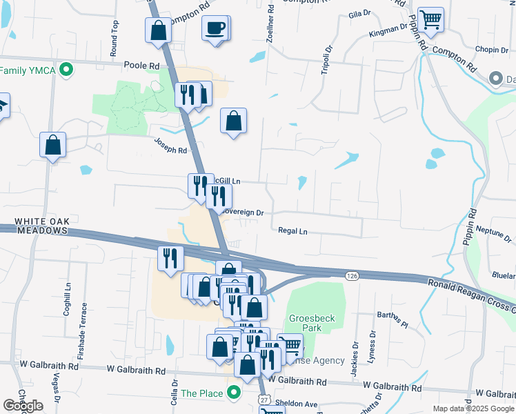 map of restaurants, bars, coffee shops, grocery stores, and more near 3226 Sovereign Drive in Cincinnati