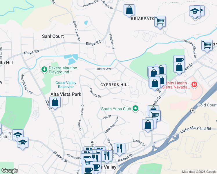 map of restaurants, bars, coffee shops, grocery stores, and more near 243 Cypress Hill Drive in Grass Valley