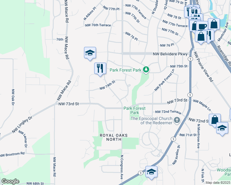 map of restaurants, bars, coffee shops, grocery stores, and more near 7341 North Rhode Avenue in Kansas City