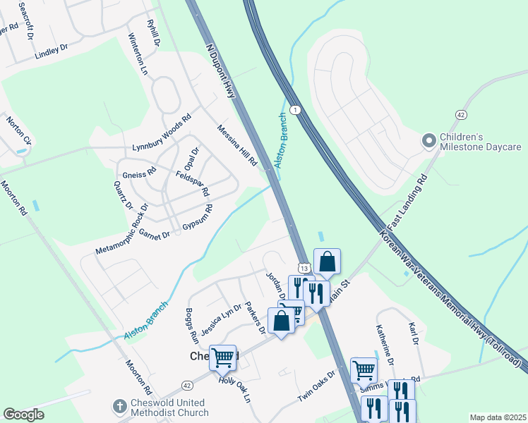 map of restaurants, bars, coffee shops, grocery stores, and more near 50 Lamplighter Park Drive in Dover