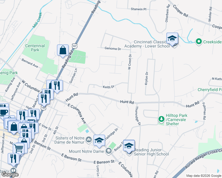 map of restaurants, bars, coffee shops, grocery stores, and more near 109 Biscoe Drive in Cincinnati