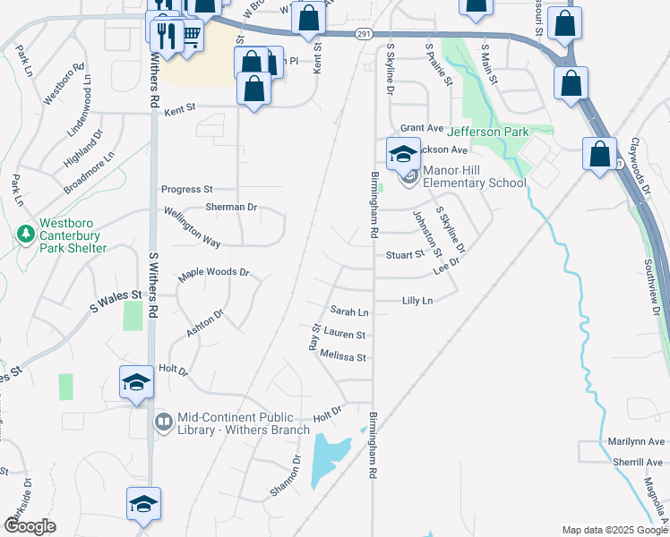 map of restaurants, bars, coffee shops, grocery stores, and more near 521 Clyde Street in Liberty