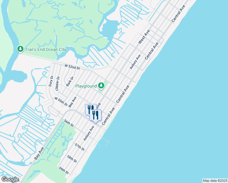map of restaurants, bars, coffee shops, grocery stores, and more near 5220 Asbury Avenue in Ocean City
