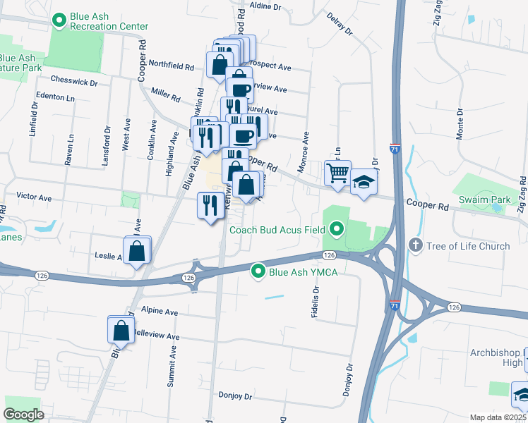 map of restaurants, bars, coffee shops, grocery stores, and more near 4900 Hunt Road in Cincinnati