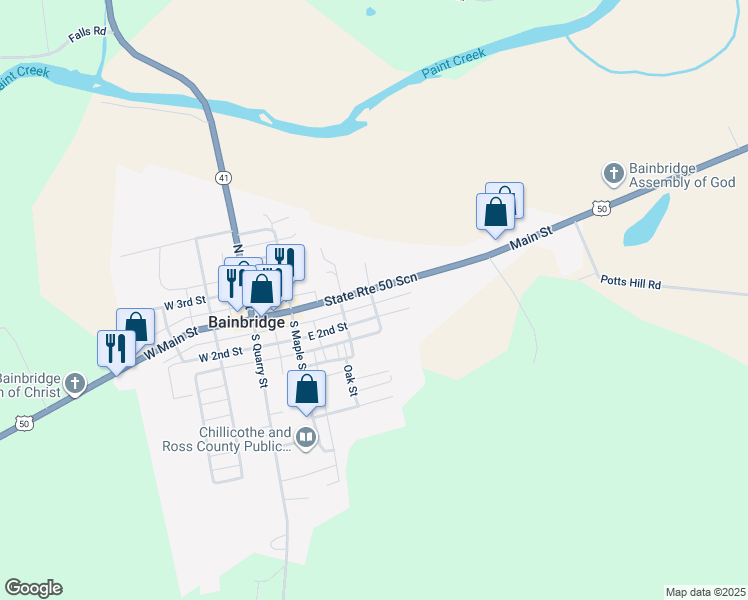 map of restaurants, bars, coffee shops, grocery stores, and more near 312 East 2nd Street in Bainbridge
