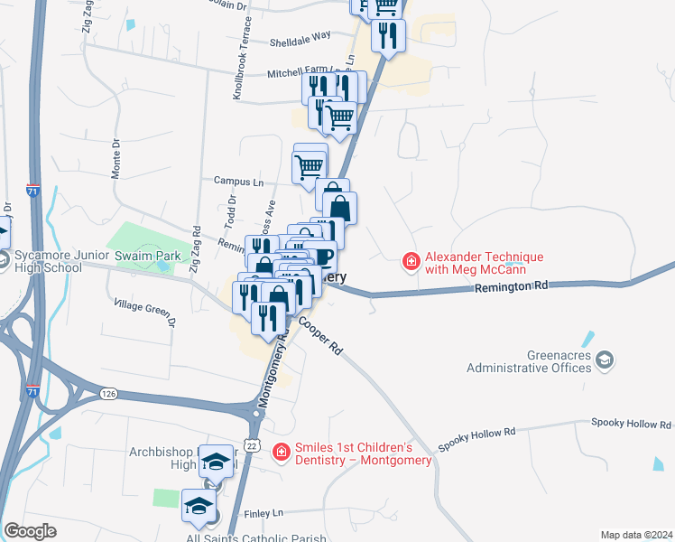 map of restaurants, bars, coffee shops, grocery stores, and more near 9500 Main Street in Montgomery