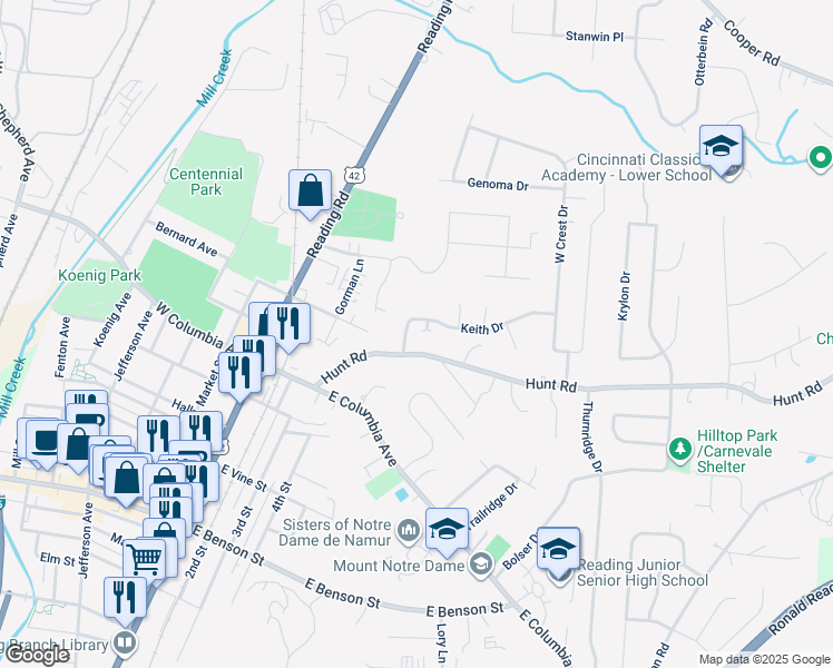 map of restaurants, bars, coffee shops, grocery stores, and more near 1733 Hunt Road in Reading