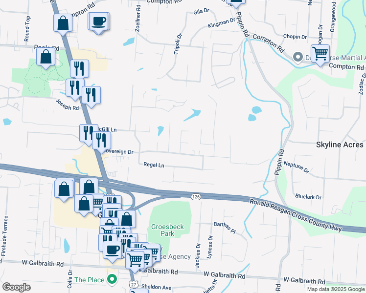 map of restaurants, bars, coffee shops, grocery stores, and more near 8650 Sovereign Drive in Cincinnati