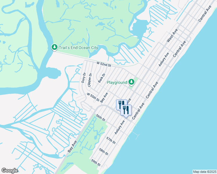 map of restaurants, bars, coffee shops, grocery stores, and more near 5325 Bay Avenue in Ocean City