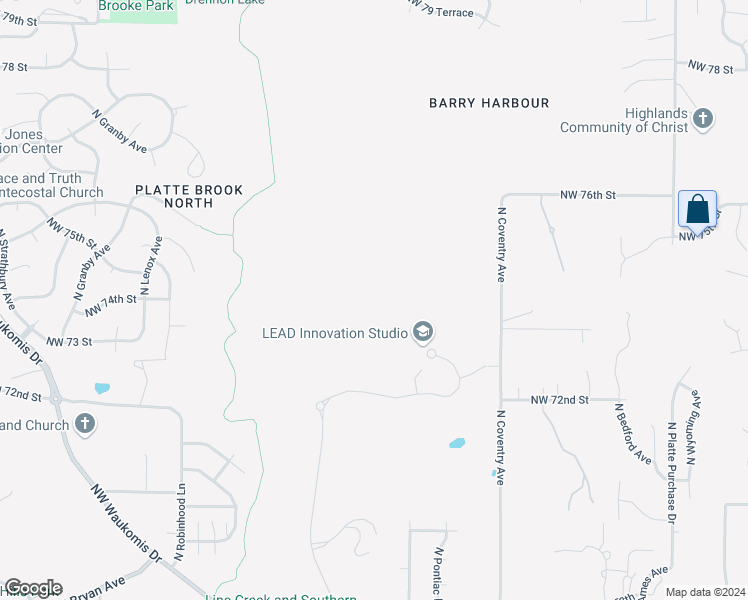 map of restaurants, bars, coffee shops, grocery stores, and more near 7200 North Coventry Avenue in Kansas City