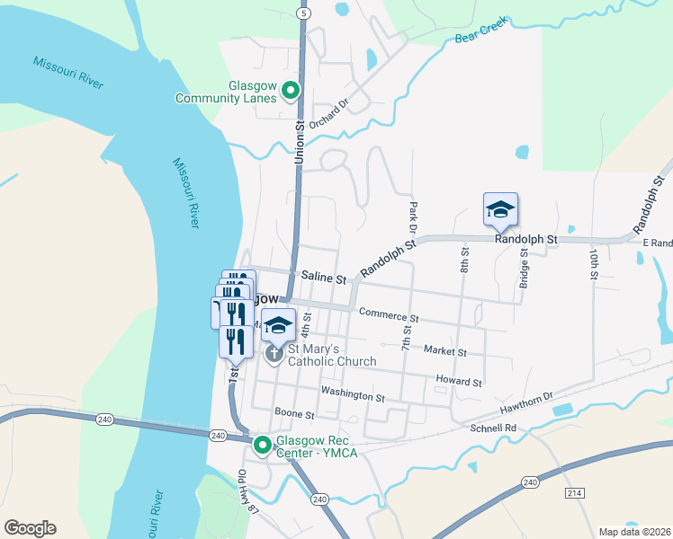 map of restaurants, bars, coffee shops, grocery stores, and more near 501 Saline Street in Glasgow