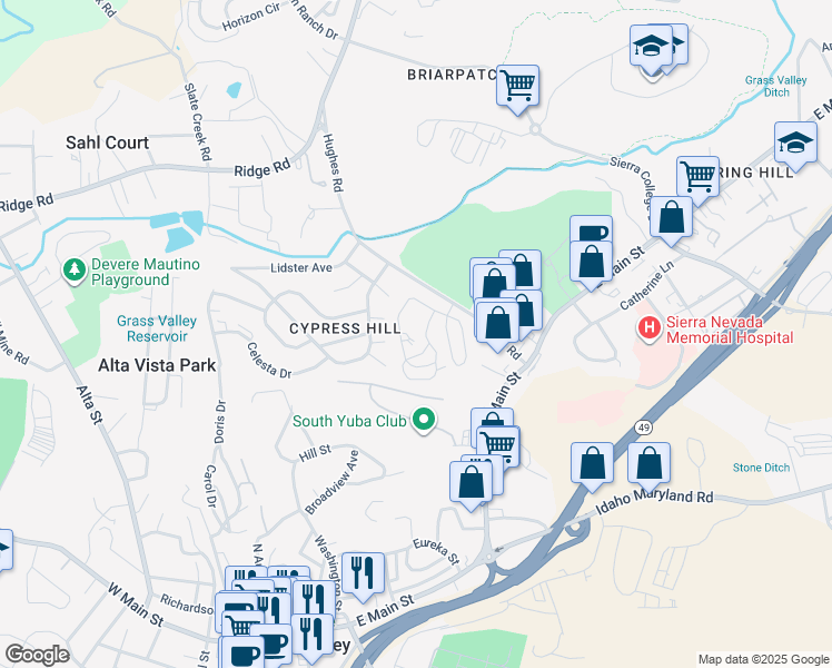map of restaurants, bars, coffee shops, grocery stores, and more near 135 Rockwood Drive in Grass Valley