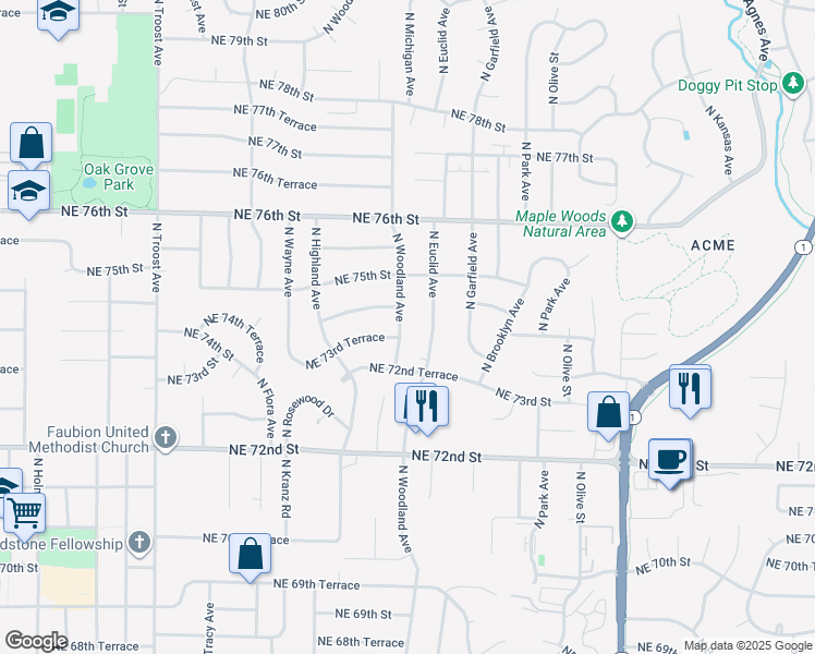 map of restaurants, bars, coffee shops, grocery stores, and more near 7301 North Woodland Avenue in Kansas City