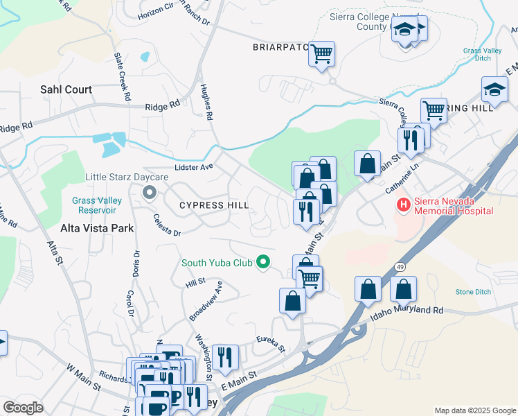 map of restaurants, bars, coffee shops, grocery stores, and more near 135 Rockwood Drive in Grass Valley