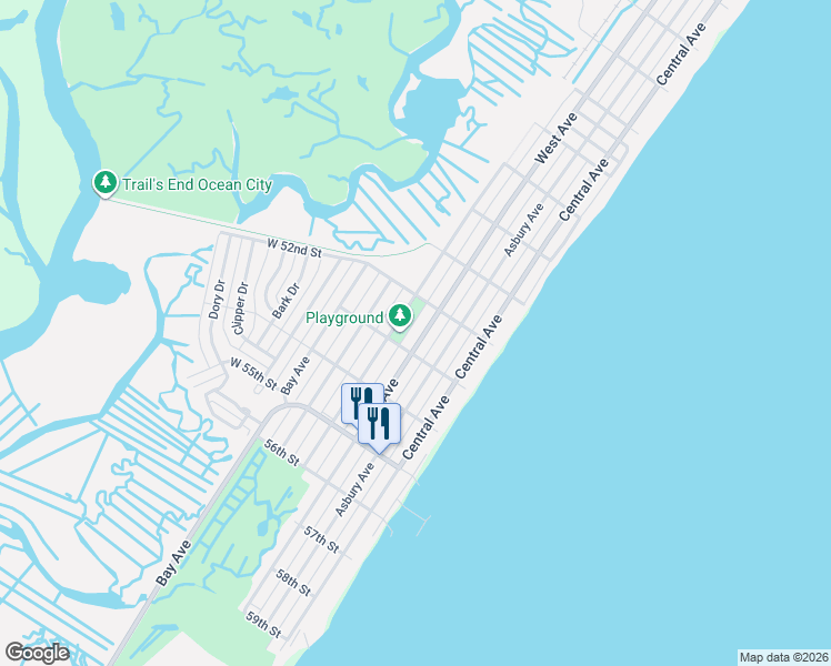 map of restaurants, bars, coffee shops, grocery stores, and more near 5260 West Avenue in Ocean City